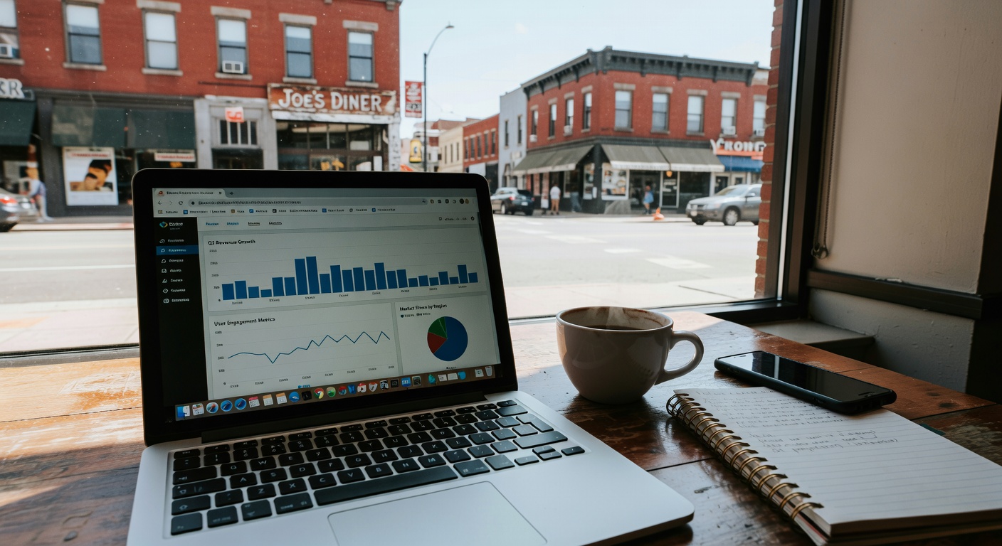 A laptop with a business dashboard at a cafe table with coffee, notebook, and a downtown street view through the window